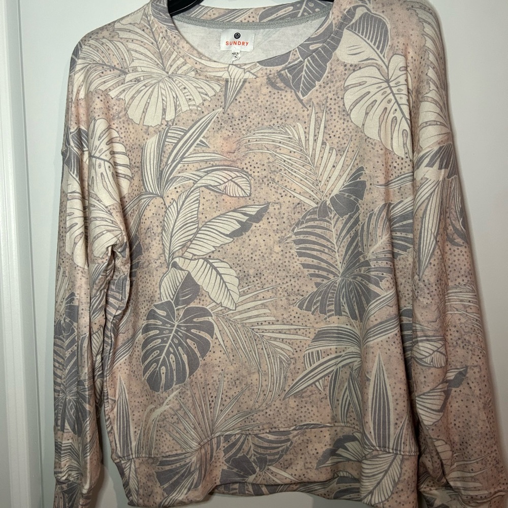 Sundry Tropical Print Crewneck - Cream and Gray